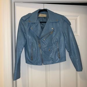 Zara Blue Cropped Faux Leather Jacket